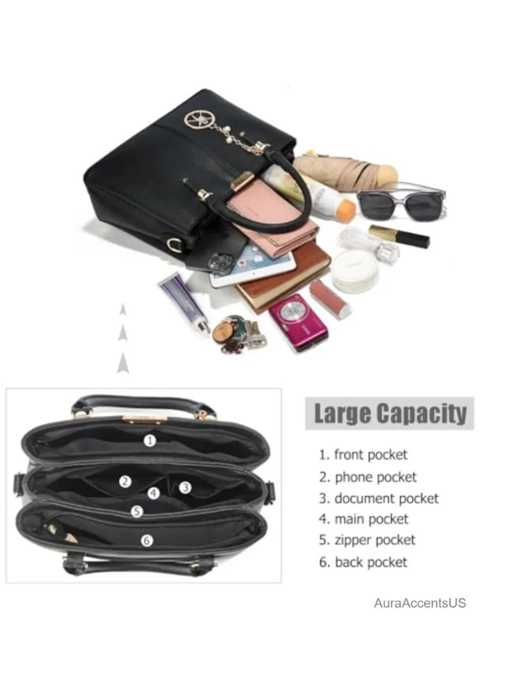 Faux Leather Satchel Purse with 3 Zip Compartments, Top Handle, Adjustable Strap